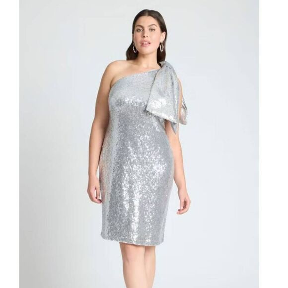 NWT Eloquii Plus Size 20 Bow Shoulder Sequin Mini Dress in Silver - Picture 1 of 4